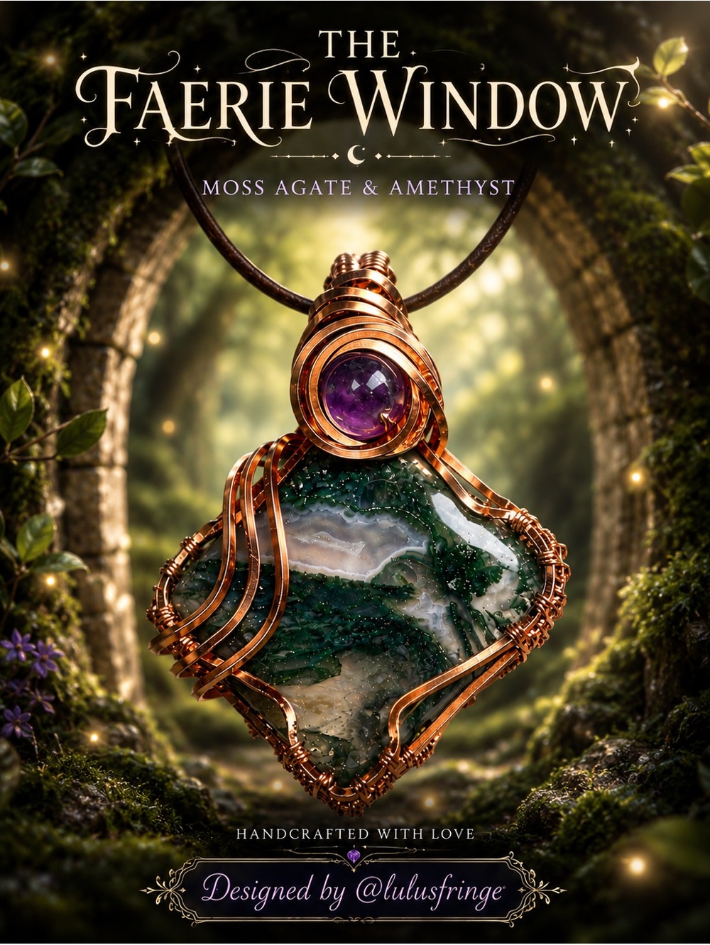 Moss Agate Crystal Pendant With Amethyst Leather Cord Artisan Boho